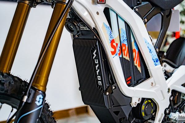 SURRON Light Bee X 2026 electric dirt bike in white, handlebar and cockpit detail