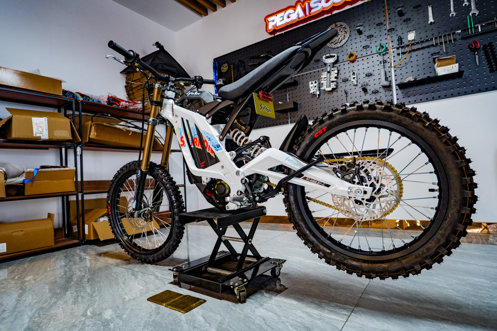 SURRON Light Bee X 2026 electric dirt bike in white, overhead view